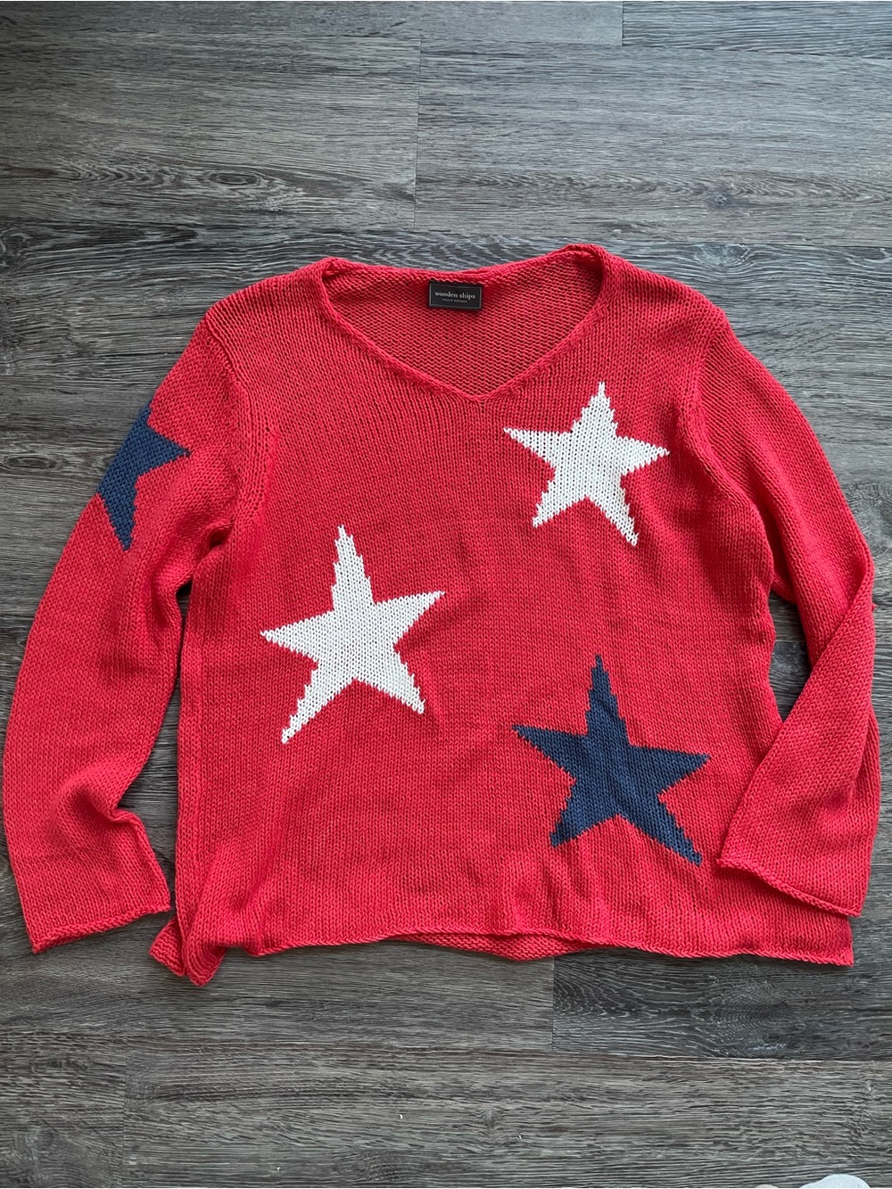 Wooden Ships | Red White Blue Star V Neck Open Knit Sweater Relaxed Fit M/L
